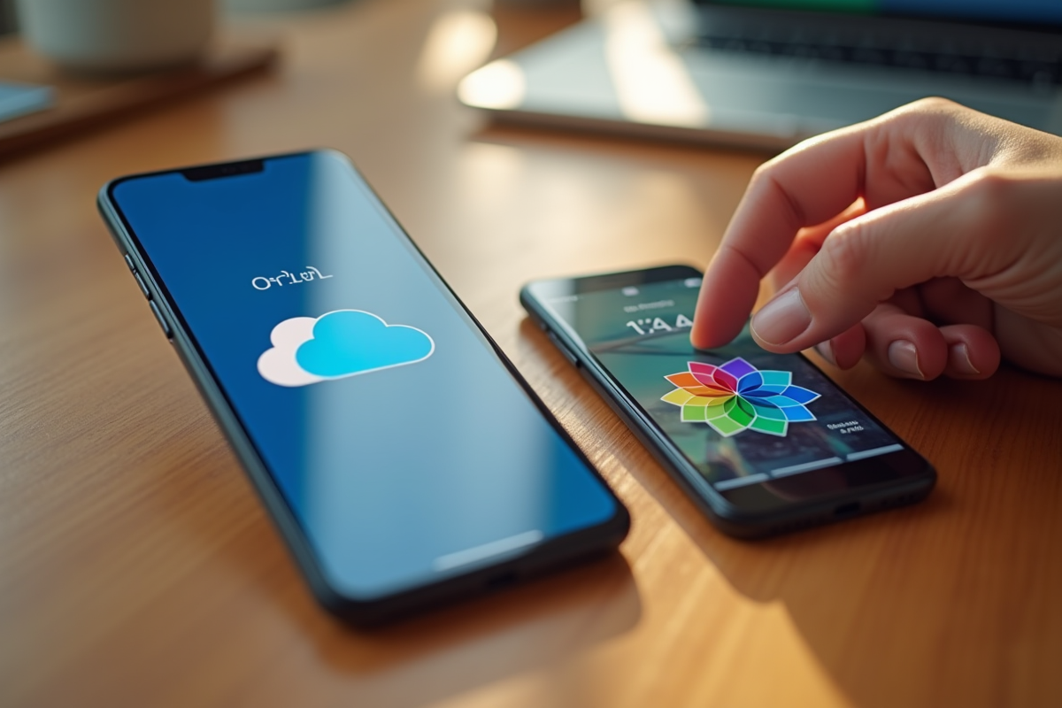 Deux smartphones sur une table en transfert de fichiers entre OneDrive et Google Photos