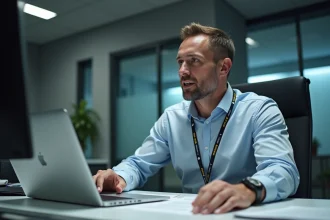 Homme spécialiste informatique en uniforme militaire dans un bureau sécurisé
