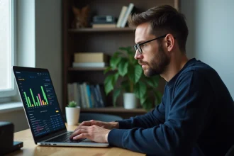 Homme consultant les statistiques de consommation internet sur son ordinateur portable depuis son bureau à domicile avec un routeur visible en arrière-plan