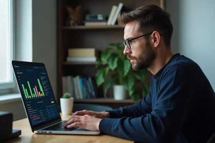 Homme consultant les statistiques de consommation internet sur son ordinateur portable depuis son bureau à domicile avec un routeur visible en arrière-plan