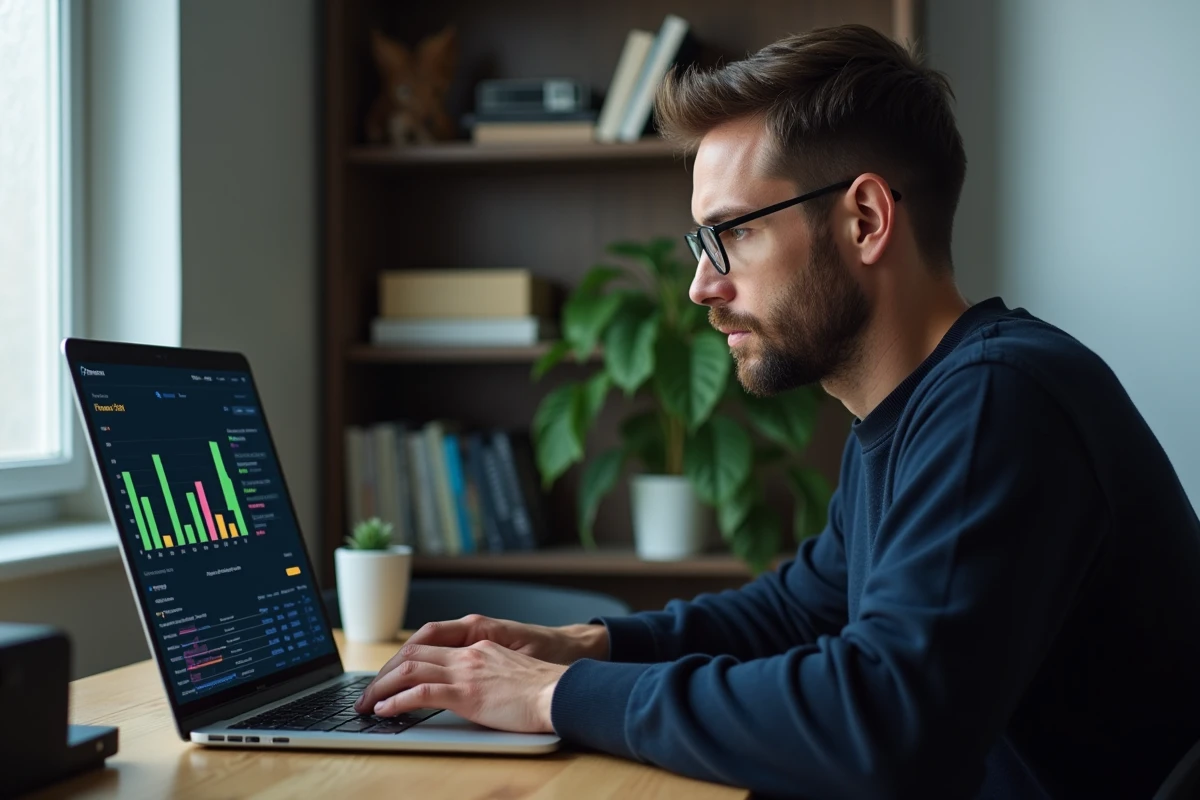 Homme consultant les statistiques de consommation internet sur son ordinateur portable depuis son bureau à domicile avec un routeur visible en arrière-plan