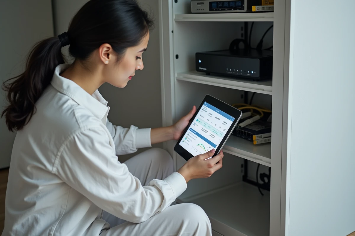 Femme vérifiant le tableau de bord de surveillance réseau en temps réel sur une tablette à côté d'une Freebox et d'un switch réseau domestique