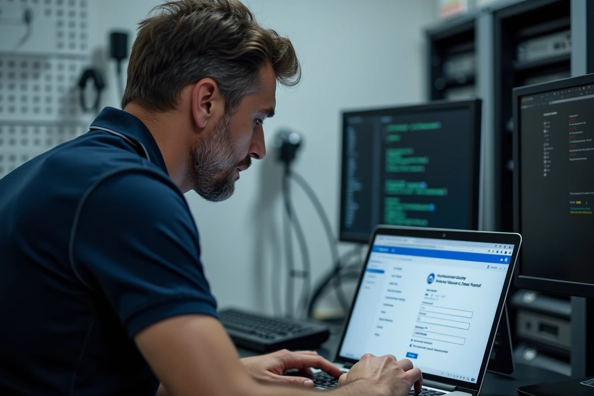 Technicien informatique hospitalier paramétrant un compte Outlook avec les serveurs de messagerie APHP sur un ordinateur portable