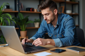 Jeune technicien installant un SSD dans un ordinateur portable