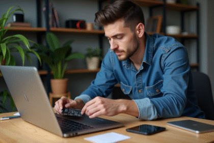 Jeune technicien installant un SSD dans un ordinateur portable