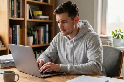 Jeune homme pensif devant son ordinateur portable cherchant à télécharger une playlist YouTube en MP3 de manière légale
