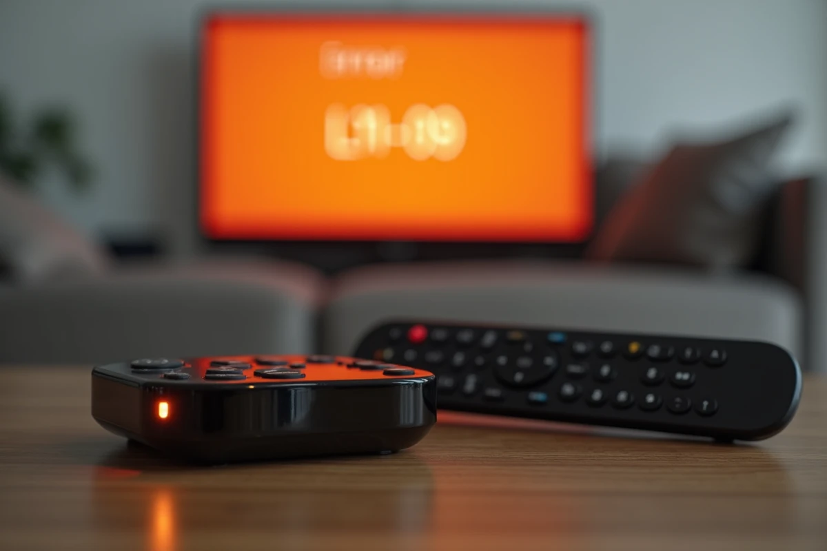 Télécommande et décodeur Orange posés sur une table avec l'erreur L11-09 affichée en arrière-plan sur le téléviseur