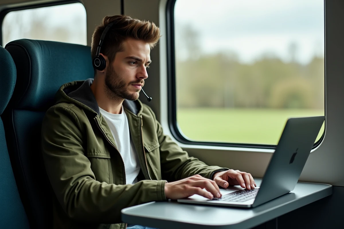 Jeune professionnel travaillant sur son ordinateur portable et accédant à son réseau depuis un train en mouvement