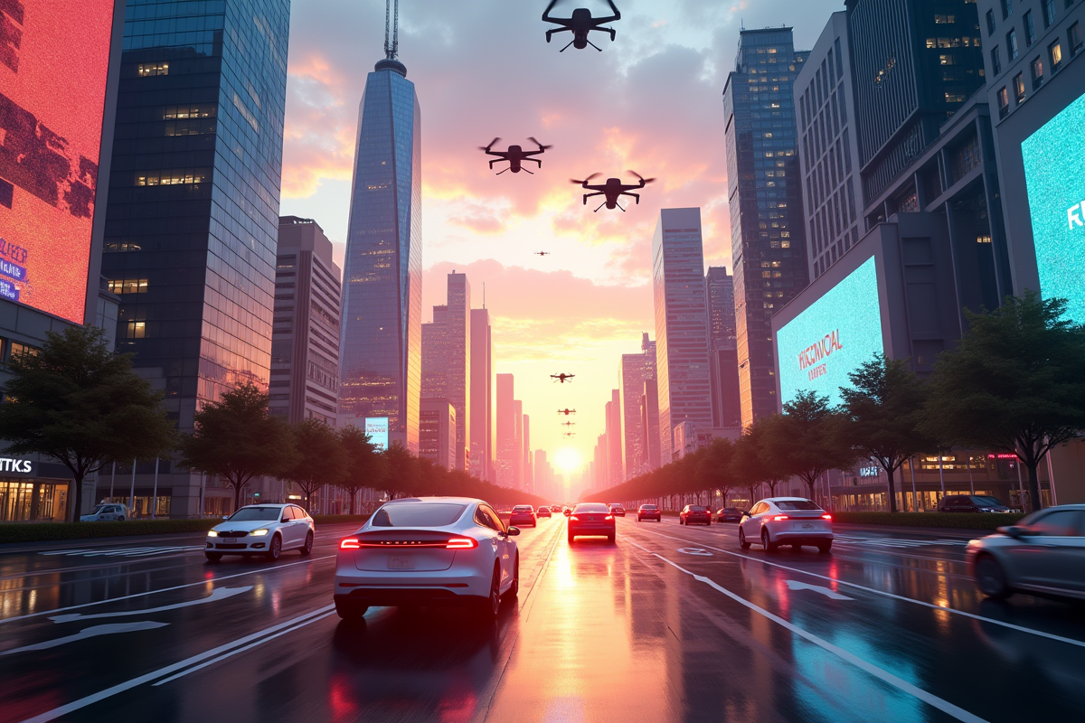 Ville au lever du soleil avec véhicules autonomes et bâtiments intelligents