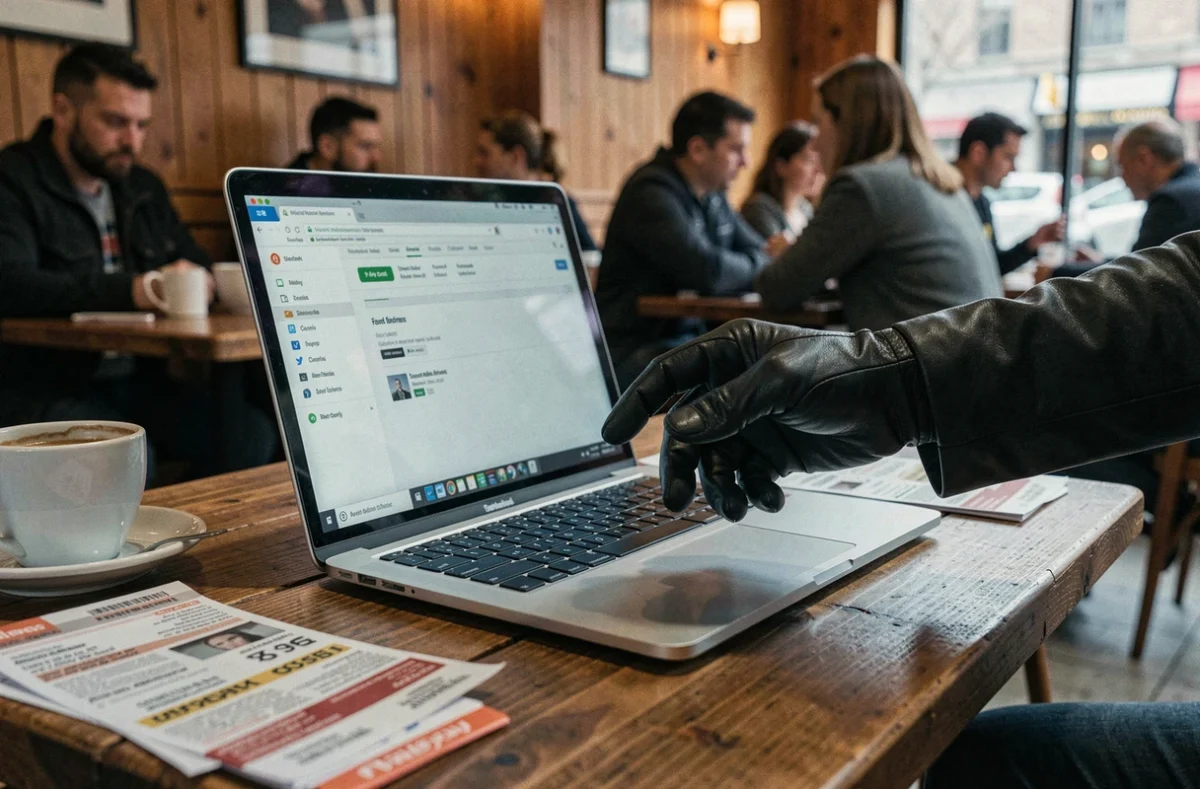 Main gantée s'approchant d'un ordinateur portable laissé sans surveillance dans un café avec des mots de passe Chrome visibles à l'écran