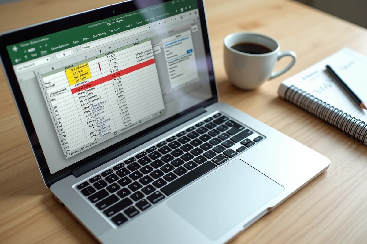 Vue aérienne d'un ordinateur portable affichant un tableau Excel avec des doublons surlignés, un carnet de notes et une tasse de café sur un bureau en bois
