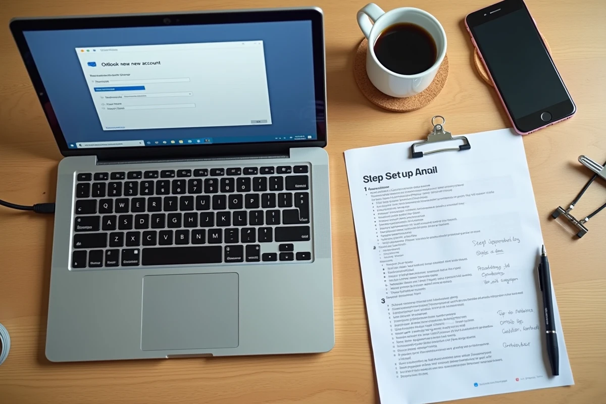 Vue de dessus d'un bureau avec ordinateur portable ouvert sur la configuration Outlook APHP, smartphone et guide imprimé
