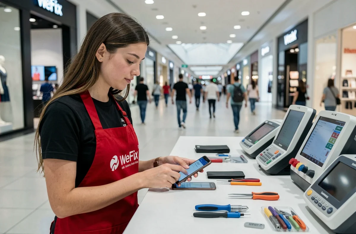 Technicienne WeFix réparant un smartphone Samsung au centre commercial Val d'Europe à Serris