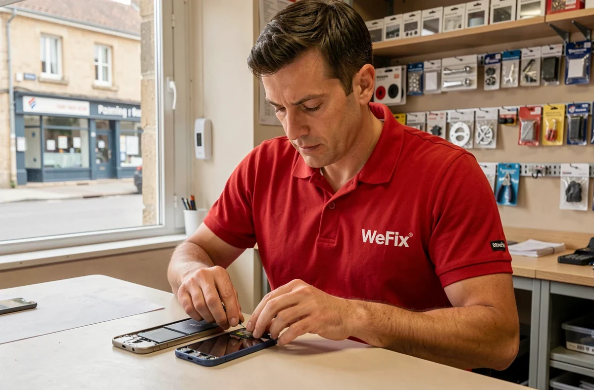 Technicien WeFix effectuant une réparation de mobile dans la boutique de Villeparisis au nord de la Seine-et-Marne