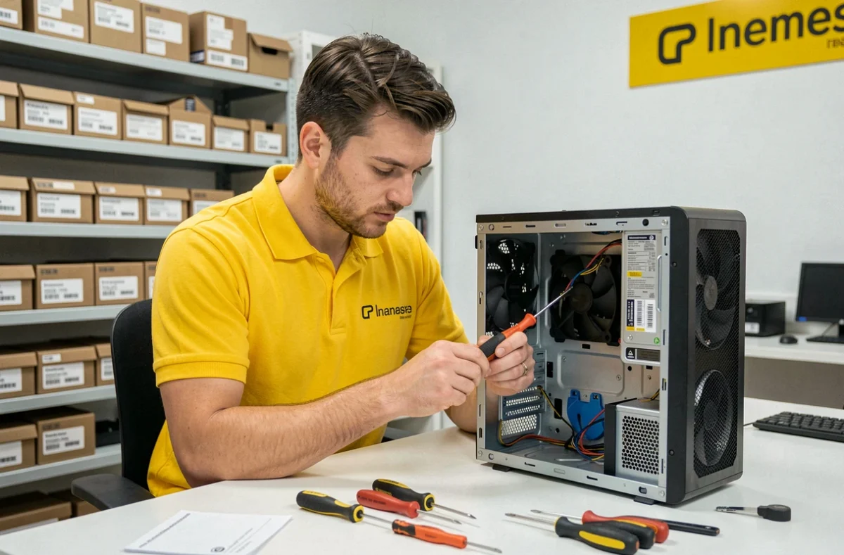 Technicien Yellow Informatique réparant un ordinateur de bureau dans un atelier informatique professionnel